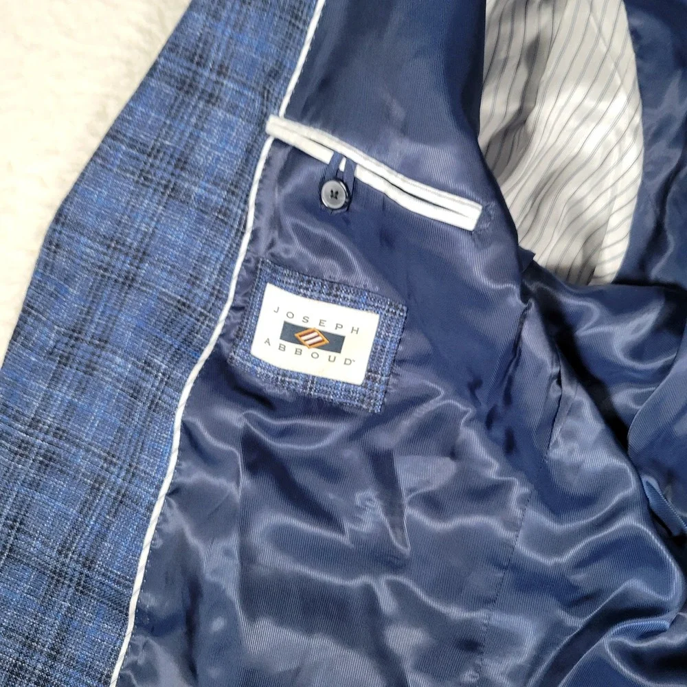 Joseph Abboud Sport Coat Mens 48R Blue Plaid Wool Silk Linen E. Thomas Blazer